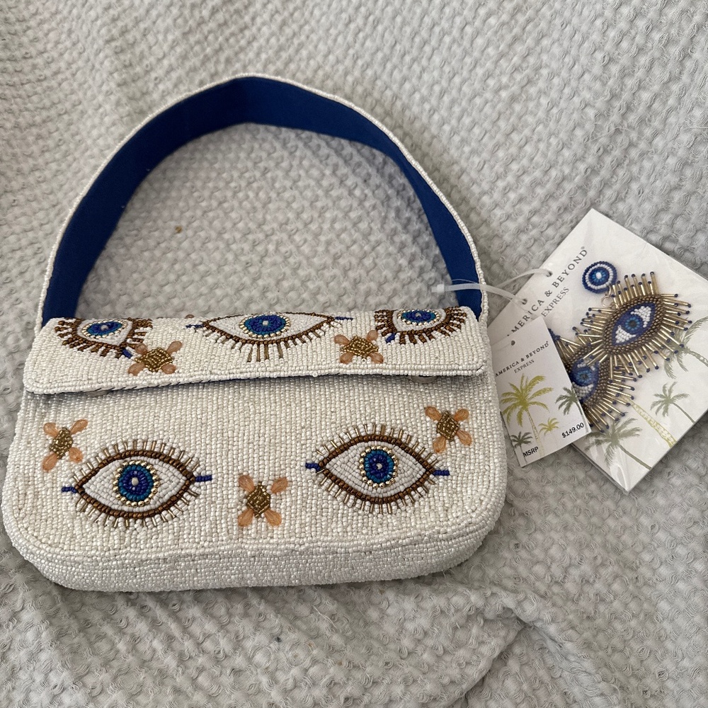 America & Beyond Evil Eye Breaded Shoulder Bag with earrings NWT